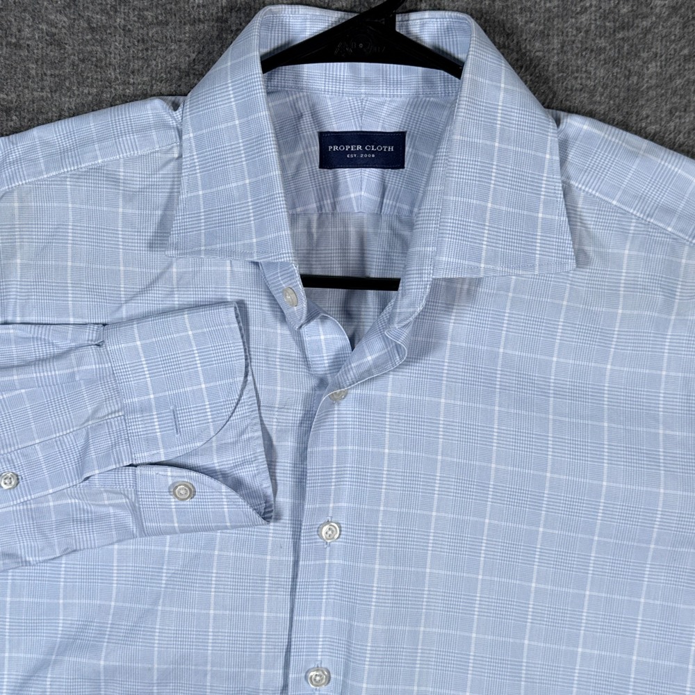 Proper Cloth Dress Shirt Mens 16-35 Blue Glen Plaid Check Long Sleeve Button Up‎